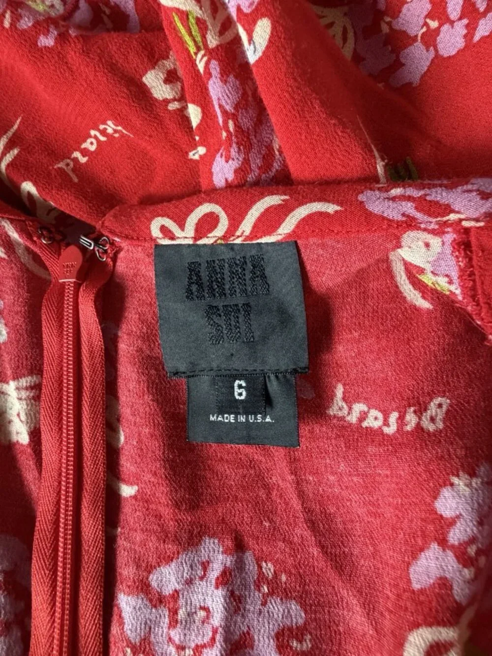 Anna Sui Berard Vintage Tomato Red Floral Dress Sz 6 Short Sleeve 40s inspired - Picture 10 of 12
